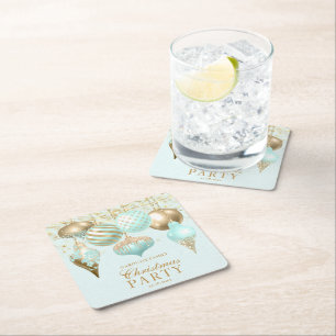 Elegant Aqua Gold Ornaments Christmas Party Square Paper Coaster