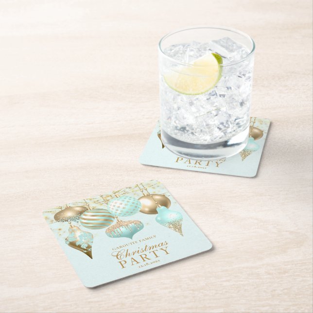 Elegant Aqua Gold Ornaments Christmas Party Square Paper Coaster (Insitu)