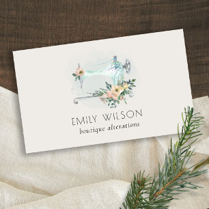 Elegant Aqua Grey Sewing Machine Floral Tailor Business Card
