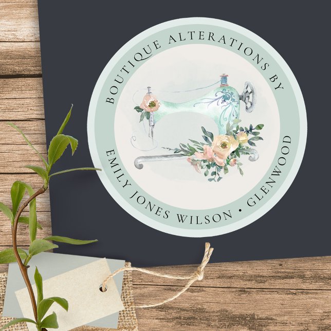Elegant Aqua Grey Sewing Machine Floral Tailor Classic Round Sticker (Creator Uploaded)