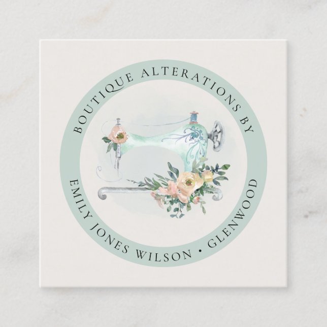 Elegant Aqua Grey Sewing Machine Floral Tailor Square Business Card (Front)