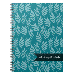 Elegant Aqua Leaves on Teal Pattern With Name Spiral Notebook