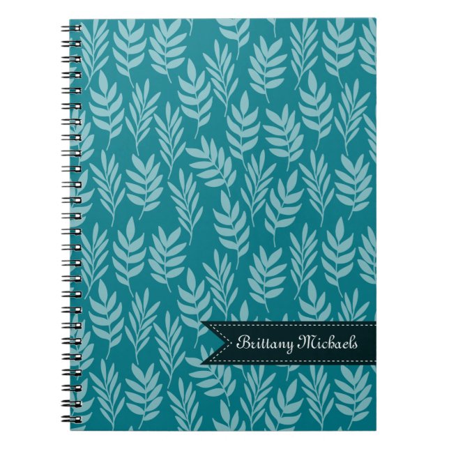 Elegant Aqua Leaves on Teal Pattern With Name Spiral Notebook (Front)