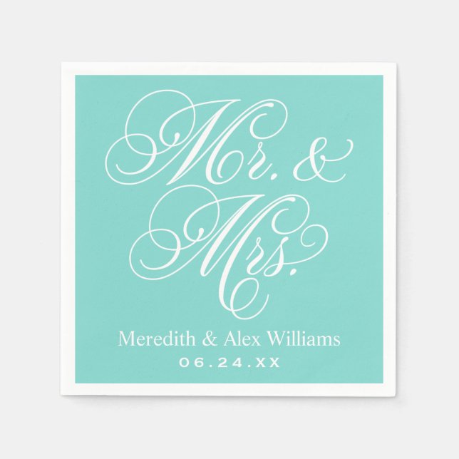 Elegant Aqua Mr and Mrs Script Custom Monogram Napkin (Front)