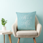 Elegant Aqua Mr and Mrs Script Wedding Cushion<br><div class="desc">An elegant aqua throw pillow featuring Mr. and Mrs. in flowing white calligraphy script with a customisable family name. The fresh white-on-aqua design creates a modern wedding gift or newlywed decor accent. All text is fully editable to personalise with the couple's name.</div>