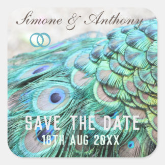 Elegant Aqua Peacock Feathers Save the Date Square Sticker