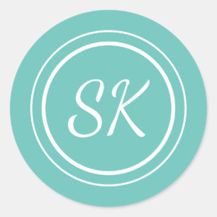 Elegant Aqua Professional Monogram Business Classic Round Sticker