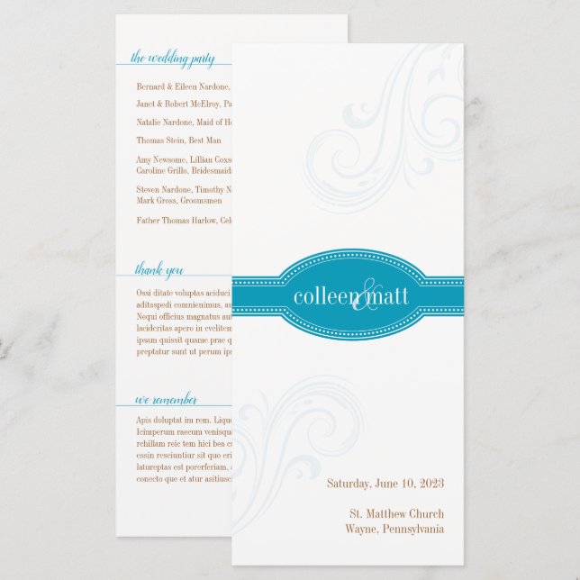 Elegant Aqua Program, Caroline Wedding Collection (Front/Back)