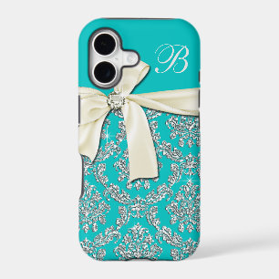 Elegant Aqua Silver Damask Diamond Bow Monogrammed