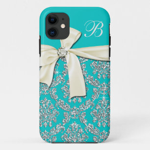 Elegant Aqua Silver Damask Diamond Bow Monogrammed iPhone 11 Case