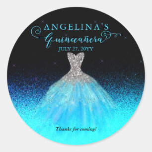 Elegant Aqua Silver Spanish Gown Quinceañera Classic Round Sticker