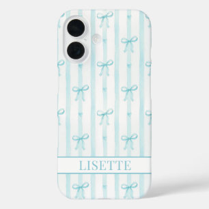 Elegant Aqua Striped Coquette Bows Monogrammed iPhone 16 Case