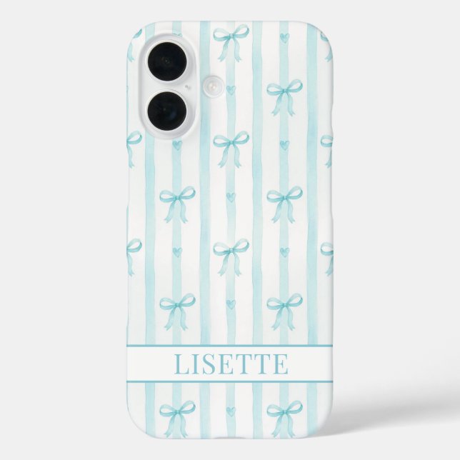 Elegant Aqua Striped Coquette Bows Monogrammed Case-Mate iPhone Case (Back)
