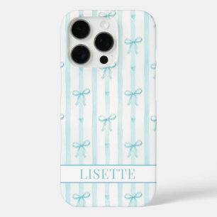 Elegant Aqua Striped Coquette Bows Monogrammed iPhone 16 Pro Case
