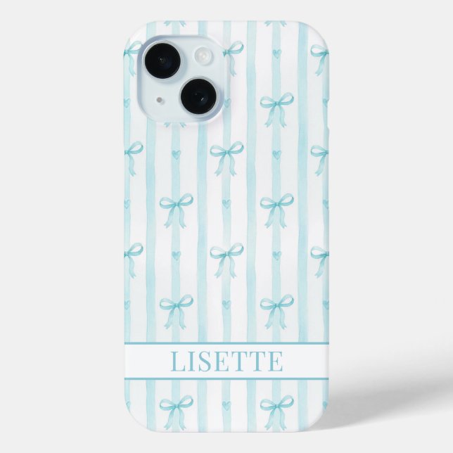 Elegant Aqua Striped Coquette Bows Monogrammed Case-Mate iPhone Case (Back)