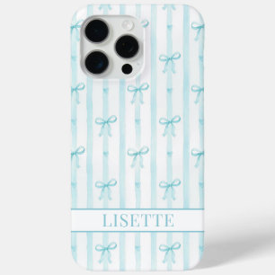 Elegant Aqua Striped Coquette Bows Monogrammed iPhone 15 Pro Max Case