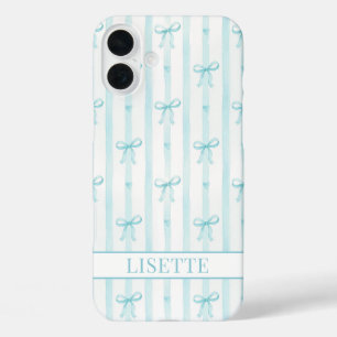 Elegant Aqua Striped Coquette Bows Monogrammed iPhone 16 Plus Case