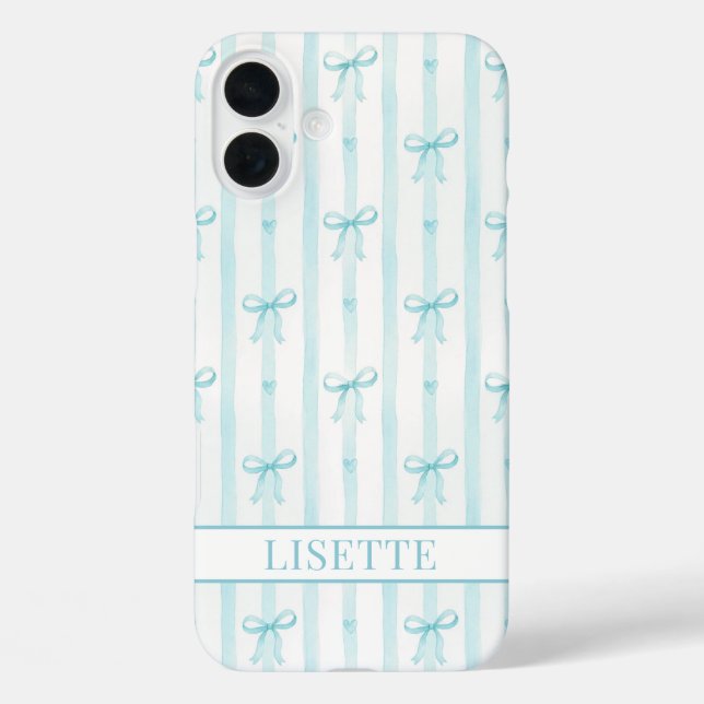 Elegant Aqua Striped Coquette Bows Monogrammed Case-Mate iPhone Case (Back)