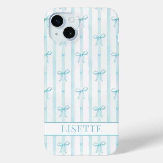 Elegant Aqua Striped Coquette Bows Monogrammed Case-Mate iPhone Case (Back)
