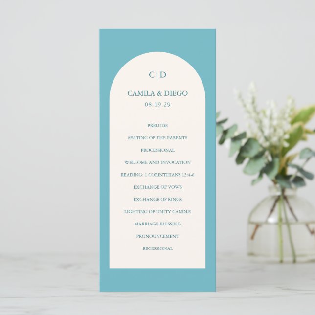 Elegant Aqua Teal Arch Modern Wedding Programme (Standing Front)