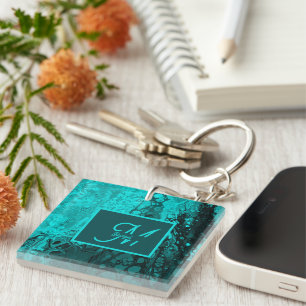 Elegant Aqua Teal bold Script Monogram Key Ring