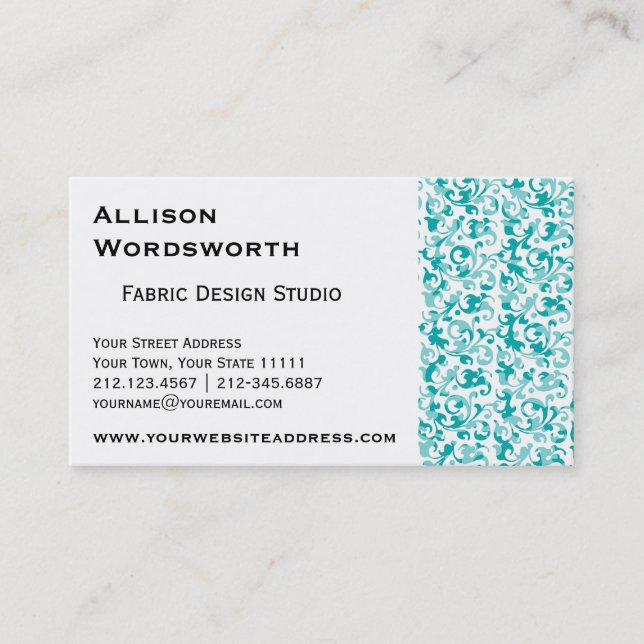 Elegant Aqua Teal Damask Swirl Scrolls Business Card (Front)