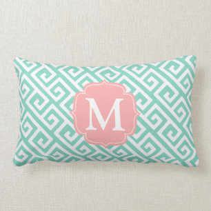Elegant Aqua Turquoise Blue Greek Key Personalised Lumbar Cushion