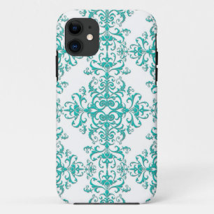 Elegant Aqua Turquoise over White Damask Pattern Case-Mate iPhone Case