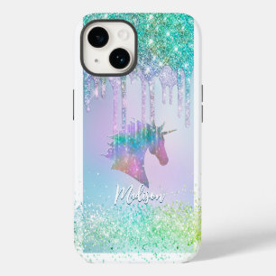Elegant aqua Unicorn Glitter Drips monogram iPhone 14 Case