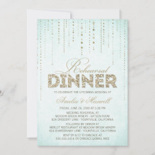 Elegant Aqua with Gold Glitter Rehearsal Dinner Invitation