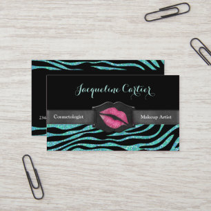 Elegant Aqua Zebra Glitter Kiss Cosmetologist Business Card
