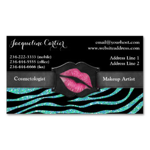 Elegant Aqua Zebra Glitter Kiss Cosmetologist Magnetic Business Card