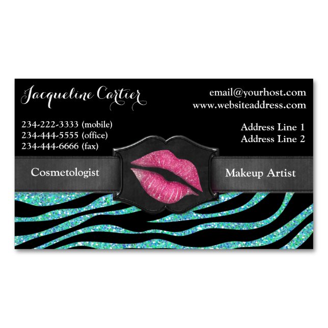 Elegant Aqua Zebra Glitter Kiss Cosmetologist Magnetic Business Card (Front)
