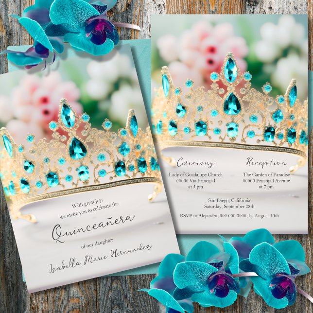 Elegant Aquamarine And Golden Tiara Quinceañera Invitation (Creator Uploaded)