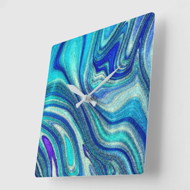 Elegant Aquamarine Paua Rainbow Shell Inspired Square Wall Clock (Angle)