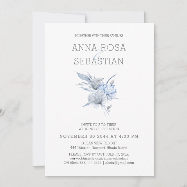 *~* Elegant AR15 WEDDING  Blue Floral Rose RSVP +  Invitation (Front)