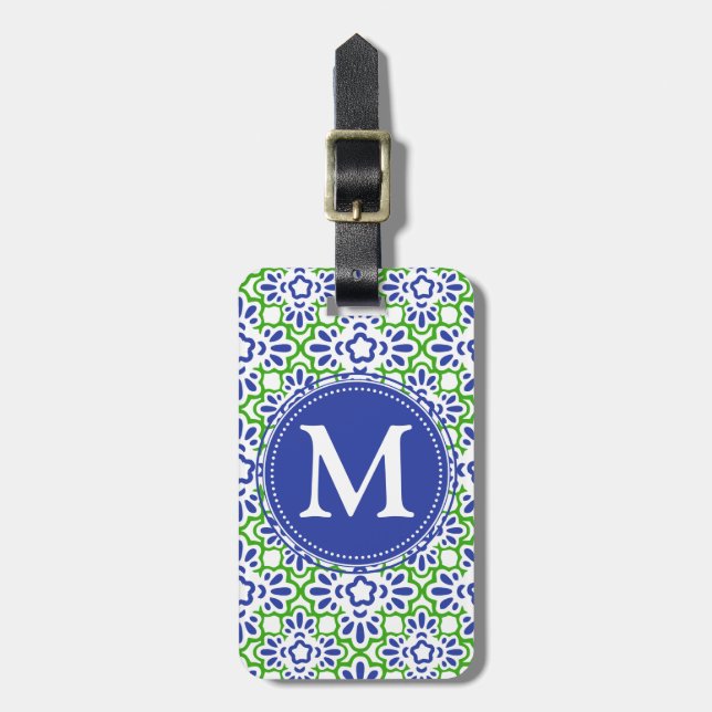 Elegant Arabesque Damask Blue & Green Personalised Luggage Tag (Front Vertical)