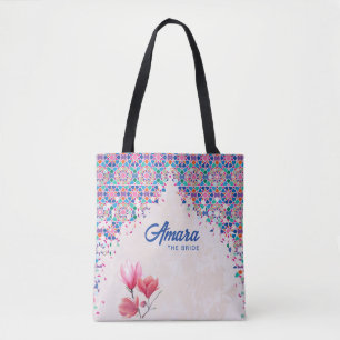 Elegant Arabesque Floral Tote Bag Teal & Gold