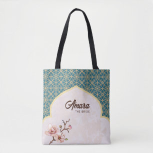 Elegant Arabesque Floral Tote Bag   Teal & Gold