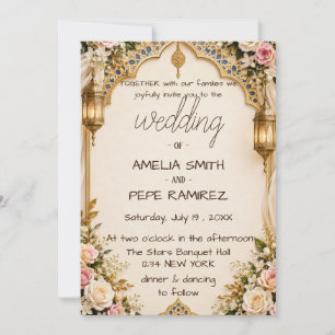 Elegant Arabic Gold Arch and Lanterns Wedding Invitation