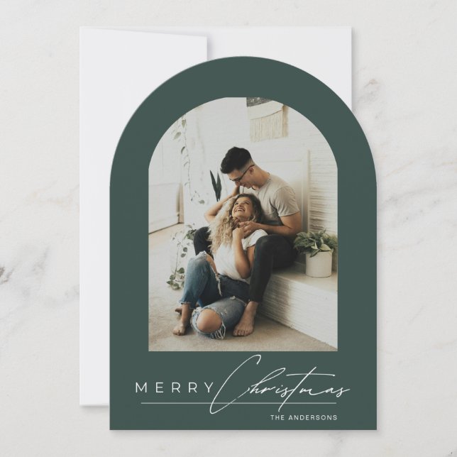 Elegant Arch 1 Photo Green Christmas Holiday Card (Front)