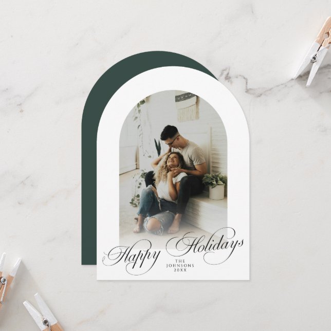 Elegant Arch 1 Photo Green Christmas Holiday Card (Front/Back In Situ)