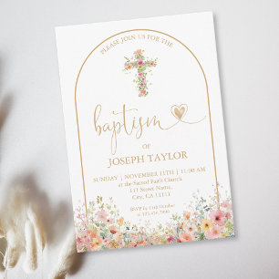 Elegant Arch Baptism Floral Cross Christening Gold Invitation