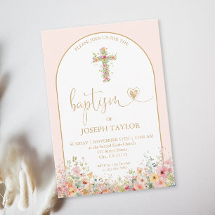 Elegant Arch Baptism Floral Cross Christening Gold Invitation