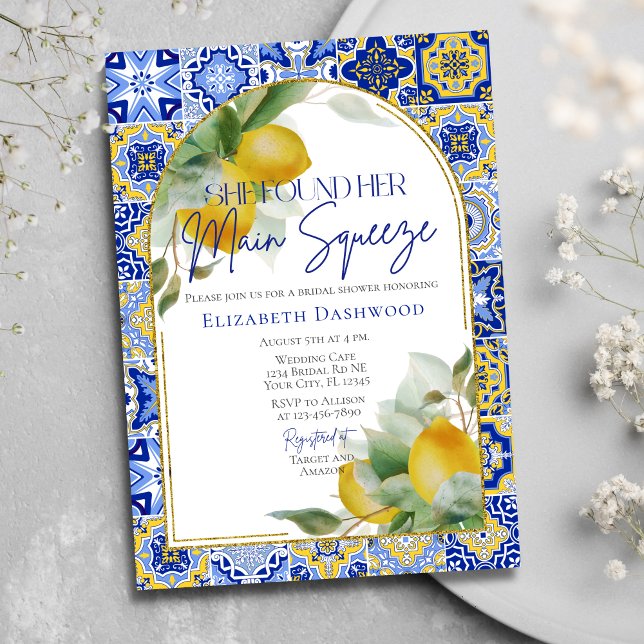 Elegant Arch Blue Tile Lemon Citrus Bridal Shower Invitation (Creator Uploaded)