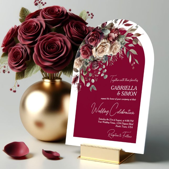 Elegant Arch Burgundy & Cream Roses Wedding Invitation (Creator Uploaded)