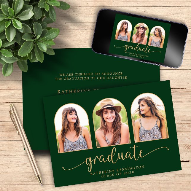 Elegant Arch Dark Green Gold 3 Photo Graduation Invitation (Elegant Arch Dark Green Gold 3 Photo Graduation Invitation)