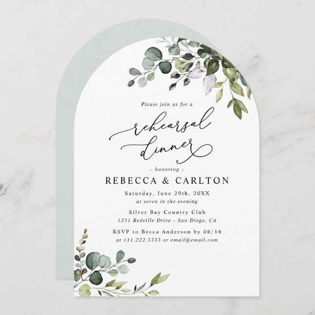 Elegant Arch Eucalyptus Greenery Rehearsal Dinner Invitation (Front/Back)