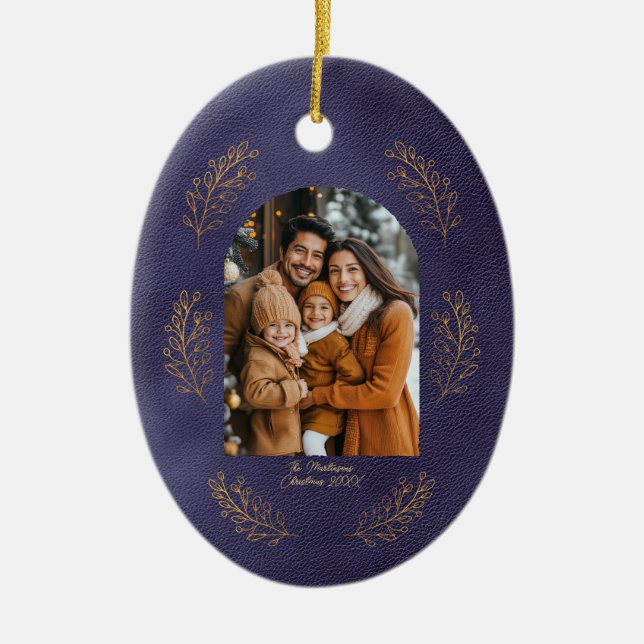 Elegant Arch Family Photo Leaves Blue Christmas Ceramic Tree Decoration (Front)