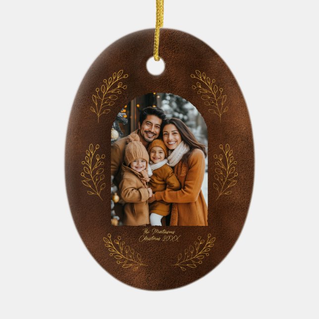 Elegant Arch Family Photo Leaves Brown Christmas Ceramic Tree Decoration (Front)